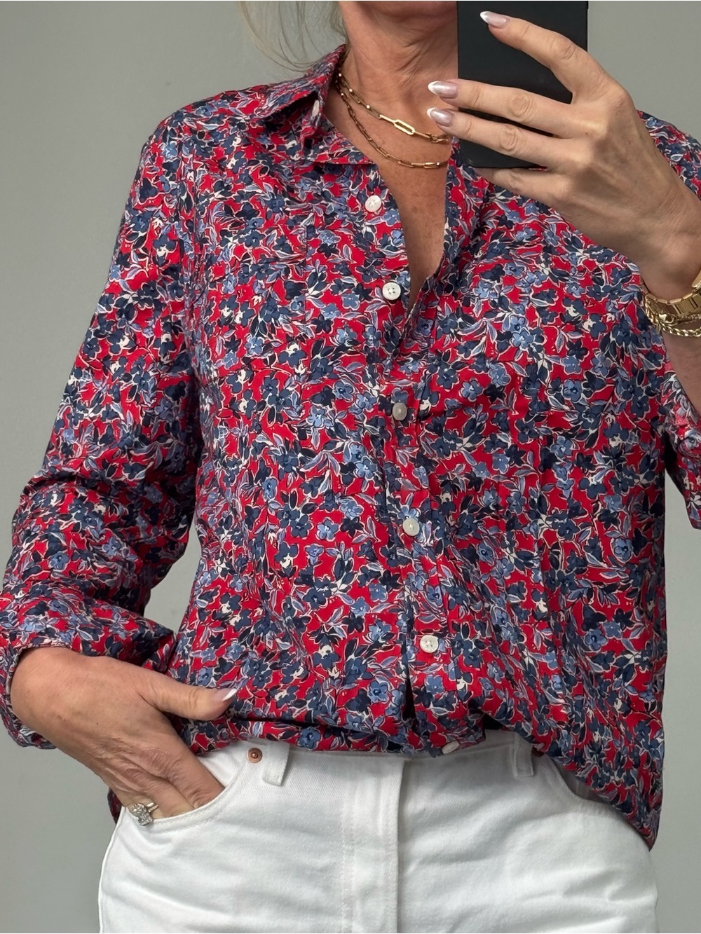 J. Crew Red and Navy Floral Button-Front Shirt